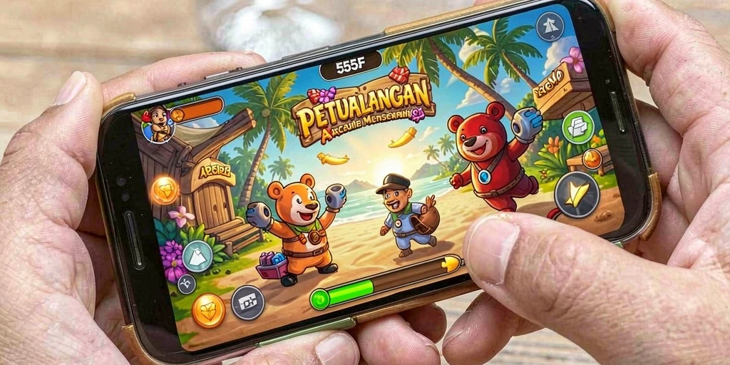 Tampilan utama gameplay 555F menampilkan tantangan seru dan karakter unik.