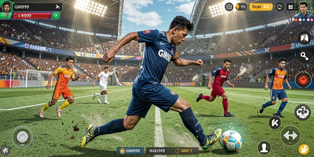Screenshot GIM999 menampilkan aksi seru dalam pertandingan sepak bola.