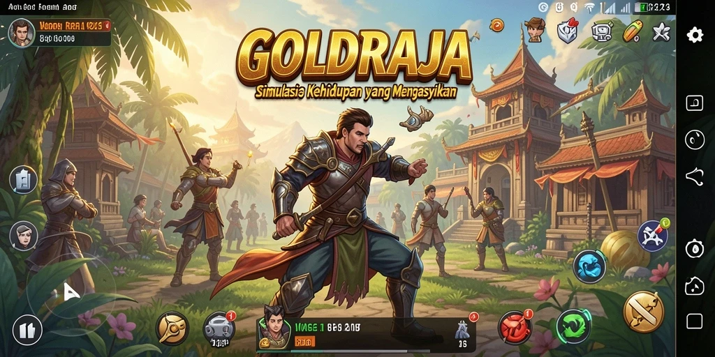 Screenshot utama GOLDRAJA menampilkan gameplay simulasi yang menarik dan interaktif.