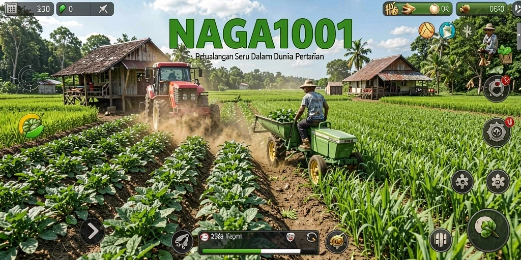 Screenshot permainan NAGA1001 yang memperlihatkan ladang hijau subur dan aktivitas bertani.