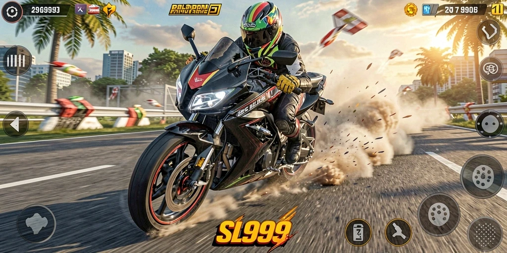 Tampilan gameplay mendebarkan dalam balapan motor SL999.