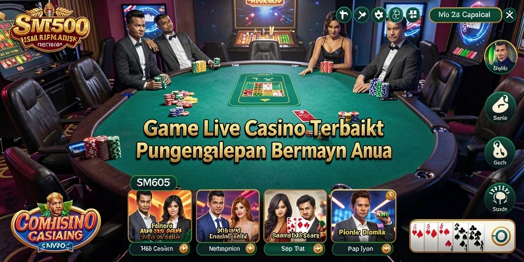 Screenshot gameplay SM605 menampilkan dealer live dan pemain yang berinteraksi.